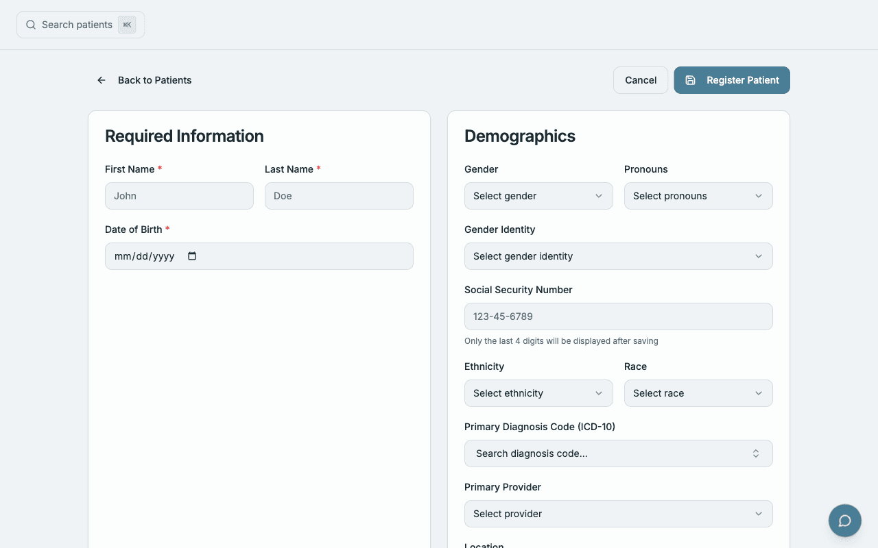 Patient registration + client portal