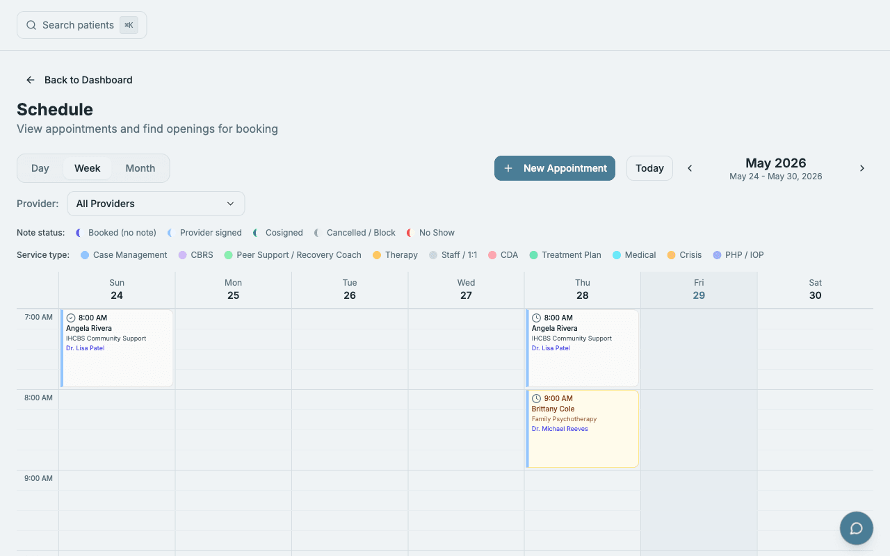 Clinical calendar with multi-staff appointments